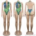 Women's Sexy V-Neck Split Floral Print Maxi Long Beach Dress Ponchos Cover Ups+One-Piece Bikini Swimsuits Swimwear Green B07PXFJ9Q7